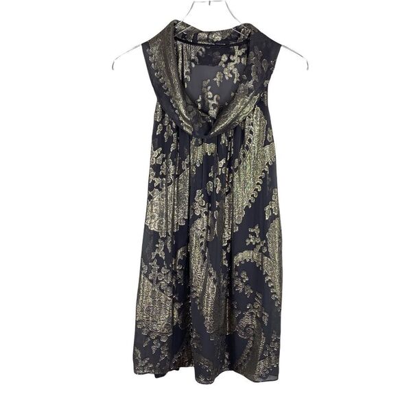 Nu Collective | Gray Gold Sleeveless Metallic Drapeneck Silk Trapeze Dress XS - Picture 1 of 15